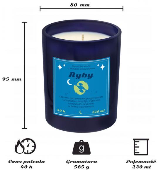 Świeca zodiakalna sojowa naturalna zapachowa RYBY - najlepsza, aromatyczna, bezpieczna, ręcznie robiona w szklanym słoiczku 220ml 40h palenia na preze