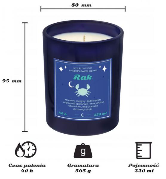 Świeca zodiakalna sojowa naturalna zapachowa RAK - najlepsza, aromatyczna, bezpieczna, ręcznie robiona w szklanym słoiczku 220ml 40h palenia na prezen