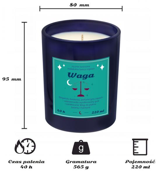 Świeca zodiakalna sojowa naturalna zapachowa WAGA - najlepsza, aromatyczna, bezpieczna, ręcznie robiona w szklanym słoiczku 220ml 40h palenia na preze