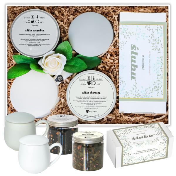 Personalizowany Box Ślubny - kawa smakowa, herbata sypana, kubek, zaparzacz, pokrywka, etykieta z personalizowanym nadrukiem na prezent upominek