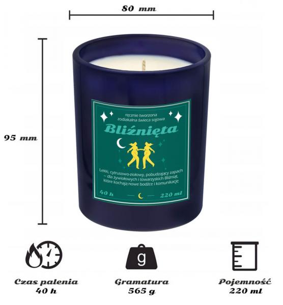 Świeca zodiakalna sojowa naturalna zapachowa BLIŹNIĘTA - najlepsza, aromatyczna, bezpieczna, ręcznie robiona w szklanym słoiczku 220ml 40h palenia na