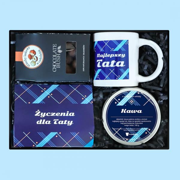 Gotowy zestaw prezentowy „Box dla Taty“ kawy smakowe kubek kawa PREMIUM orzechy laskowe w czekoladzie prezent upominek na Dzień Ojca dla taty faceta