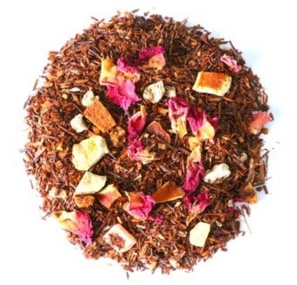 Herbata Rooibos MANDARYNKI Z IMBIREM czerwonokrzew bez kofeiny liściasta sypana herbatka czerwona imbir w kostkach papaja skórka pomarańczy płatki róż