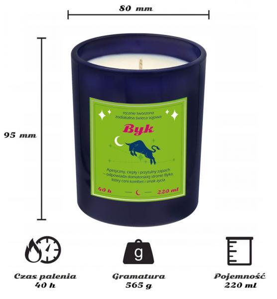Świeca zodiakalna sojowa naturalna zapachowa BYK - najlepsza, aromatyczna, bezpieczna, ręcznie robiona w szklanym słoiczku 220ml 40h palenia na prezen