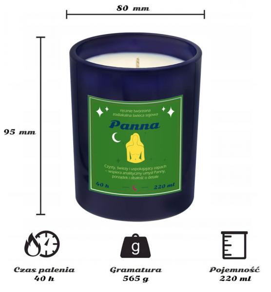 Świeca zodiakalna sojowa naturalna zapachowa PANNA - najlepsza, aromatyczna, bezpieczna, ręcznie robiona w szklanym słoiczku 220ml 40h palenia na prez