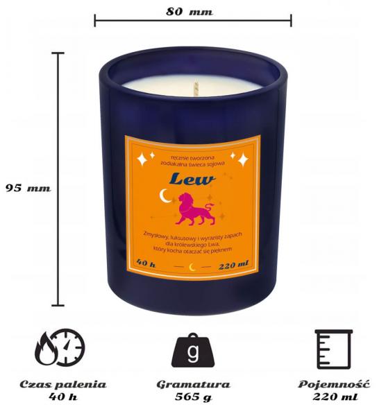 Świeca zodiakalna sojowa naturalna zapachowa LEW - najlepsza, aromatyczna, bezpieczna, ręcznie robiona w szklanym słoiczku 220ml 40h palenia na prezen