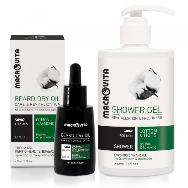 Zestaw MACROVITA MEN: suchy olejek do pielęgnacji brody 30ml + naturalny żel pod prysznic 500ml