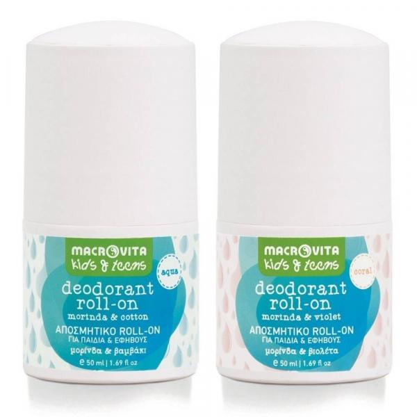 Zestaw MACROVITA Kids & Teens naturalne dezodoranty roll-on: Coral dla dziewczynek 50ml + Aqua dla chłopców 50ml