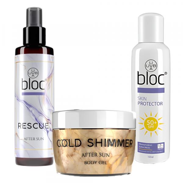 Zestaw do opalania - BLOC - bloker SPF 50+, mgiełka Reascue i żel Gold Shimmer po opalaniu