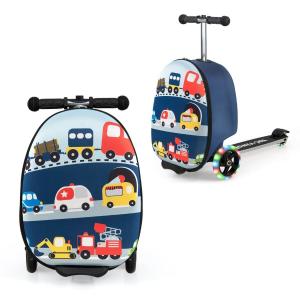 Dziecięca walizka z hulajnogą i podświetlanymi kołami samochodziki