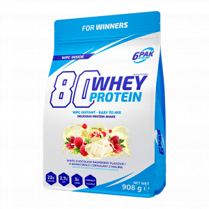 6PAK 80 Whey Protein 908g o smaku białej czekolady z malinami