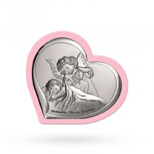 Srebrny obrazek Aniołek w sercu z latarenką na różowym drewnie