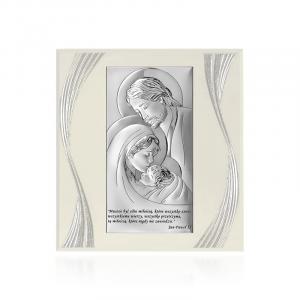 Obrazek z wizerunkiem Św. Rodziny z cytatem na białym panelu, ze zdobieniami
