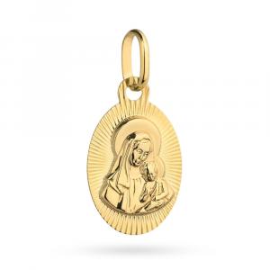 Złoty medalik Matka Boska z Dzieciątkiem Jezus w diamentowanym kole