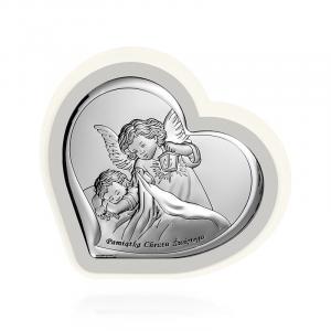 Srebrny obrazek Aniołek w sercu z latarenką na biało-szarym drewnie
