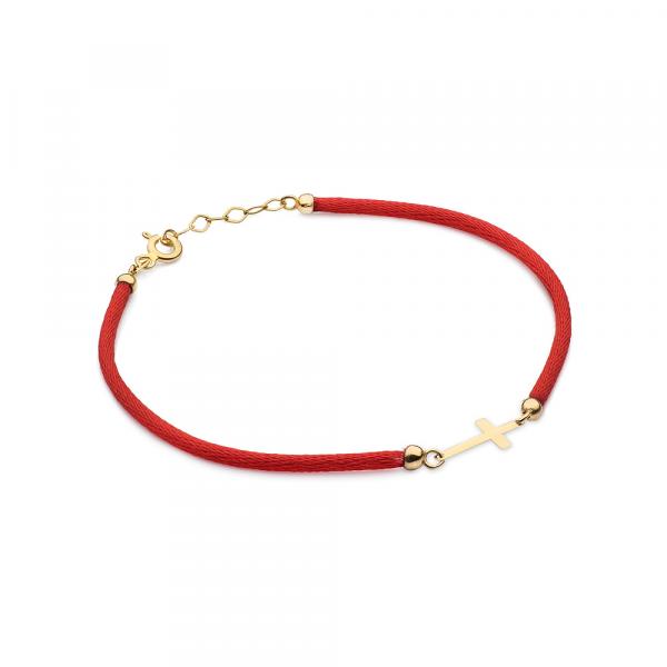 Złota bransoletka krzyżyk na czerwonym sznurku ANIMO