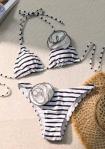 Bikini z biało czarnymi paskami z różą 363