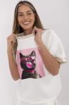 Biały T-shirt damski kot w okularach z gumą balonową , masełko PREMIUM, bawełniano wiskozowa 1771 Guees So