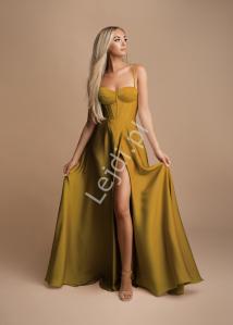Złota sukienka satynowa z gorsetową wiązaną górą 2331