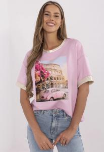 T-shirt damski ze złotymi lamówkami ROMA z garbusem , bluzka bawełniano wiskozowa masełko, różowy PREMIUM M61771