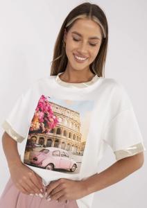 T-shirt damski ze złotymi lamówkami ROMA z garbusem , bluzka bawełniano wiskozowa masełko PREMIUM , ecru M61771
