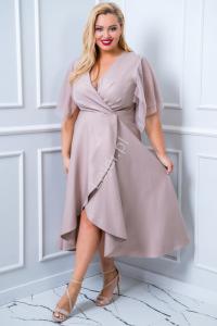 Midi sukienka z tiulowym rękawkiem capuccino ELENA r .36 - r.50 PLUS SIZE