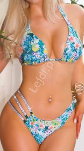 Dwuczęściowy kwiatowy kostium kąpielowy , bikini w kwiaty z cyrkoniową taśmą niebieskie