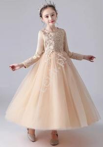 Beżowo złota sukienka dla dziewczynki, elegancka sukienka dziecięca na wesele CK683