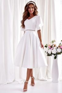 Elegancka sukienka rozkloszowana w kolorze ecru, midi sukienka do ślubu cywilnego, na poprawiny 0103