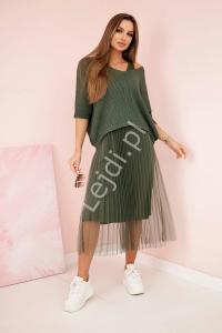 Komplet plisowana sukienka i sweter Falling Fast, khaki 5392