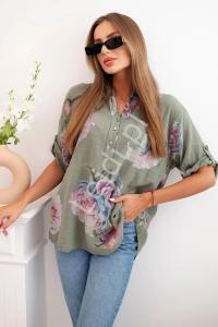 Bawełniana koszula damska w kwiaty khaki 12038