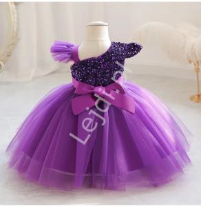 Krótka fioletowa sukienka wieczorowa dla dziewczynki z cekinami na jednym ramieniu 132