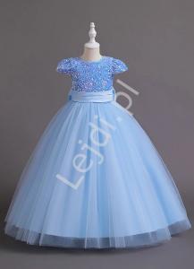 Sukienka wieczorowa dla dziewczynki z cekinami i tiulowym dołem błękitna C320