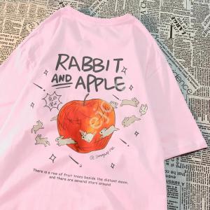 T-shirt damski z jabłuszkami i króliczkami jasny róż