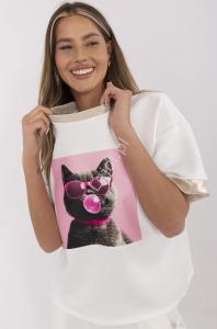 Biały T-shirt damski kot w okularach z gumą balonową , masełko PREMIUM, bawełniano wiskozowa 1771 Guees So