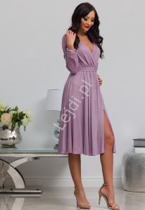 Elegancka sukienka brokatowa wrzosowa kolorze, Midi Salma