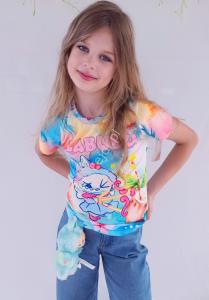 Bluzka t-shirt prążek LABUBU dla dziewczynki tęczowa