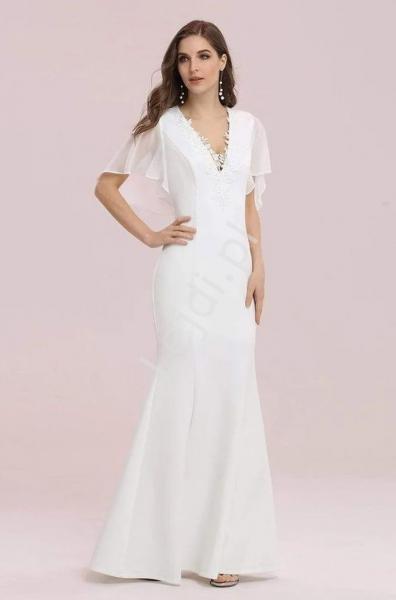 Elegancka sukienka ślubna z koronką przy dekolcie, modna sukienka ecru do ślubu kościelnego, do ślubu cywilnego 0574