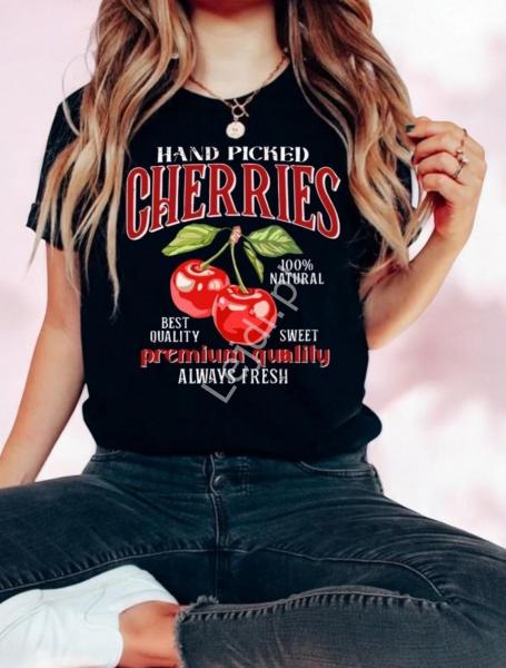 Czarna koszulka damska nadruk czerwone wisienki Cherry 100% bawełna