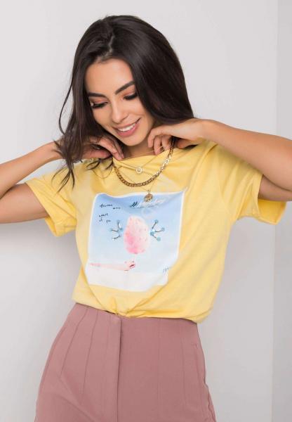 T-shirt bawełniany wata cukrowa z cekinami i koralikami żółty