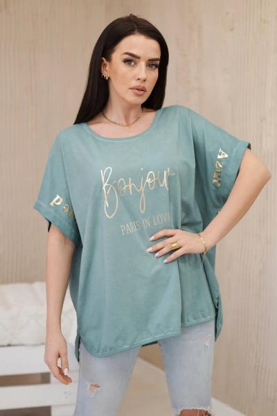 Bluzka bawełniana dekatyzowana plus size ciemno miętowa
