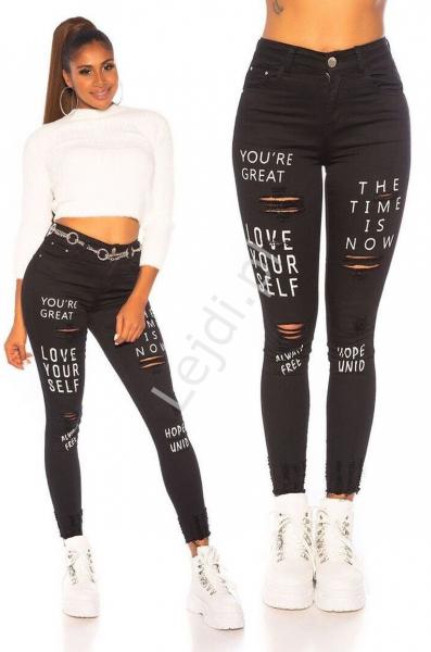 Czarne jeansy love your self, modne jeansy z napisami i przetarciami 562