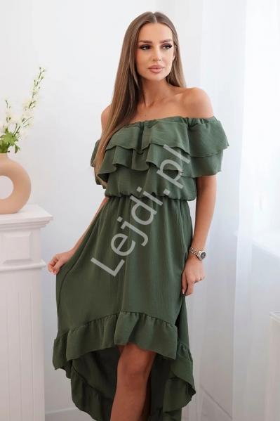 Sukienka hiszpanka z falbanami 100% wiskoza z marszczonym dekoltem it-77 khaki