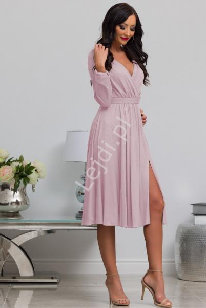Elegancka sukienka brokatowa w różowo wrzosowym kolorze, Midi Salma