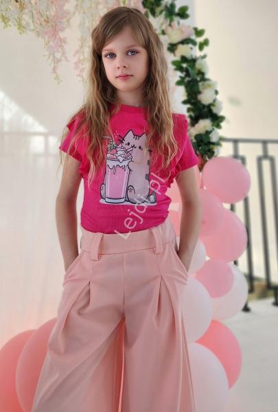 Bluzka prążek z kotem Pusheen shake dla dziewczynki ciemny różowy