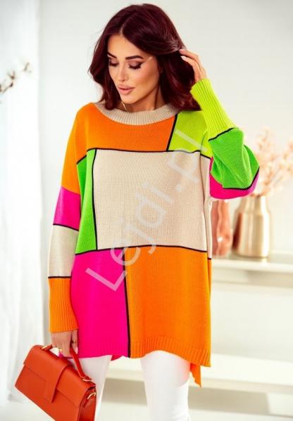 Kolorowy sweter damski oversize Hello Sun pomarańczowo zielony