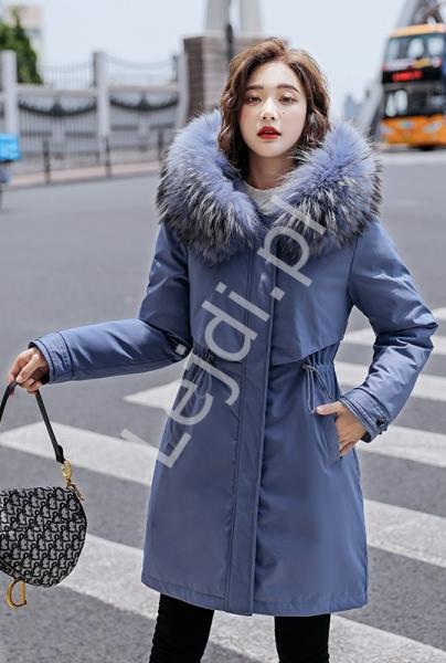 Niebieska parka plus size z futrem na kapturze 9807