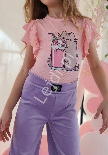 Bluzka prążek z kotem Pusheen shake dla dziewczynki jasny róż