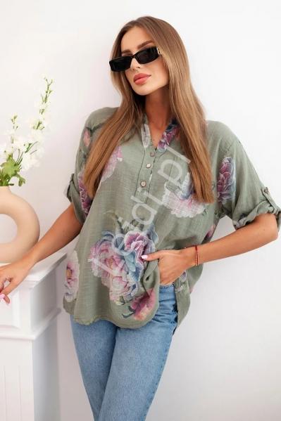 Bawełniana koszula damska w kwiaty khaki 12038