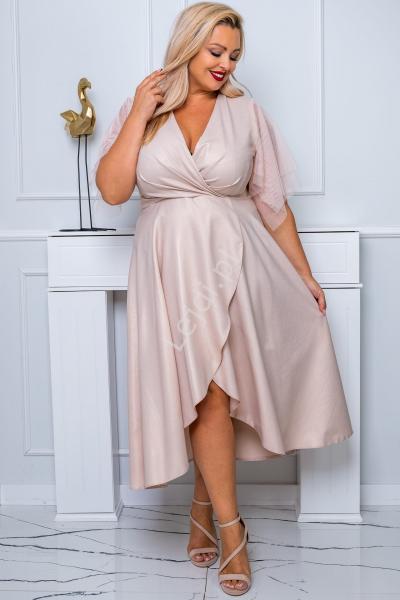 Beżowo złota midi sukienka z tiulowym rękawkiem ELENA r.36 - r.50 PLUS SIZE